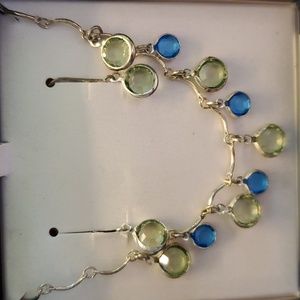 New set necklace and matching earrings silvertone with blue and green glass
